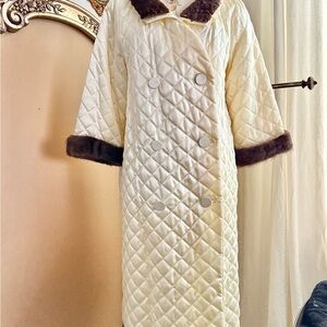 Elegant Cream Quilted Coat with Brown Trim